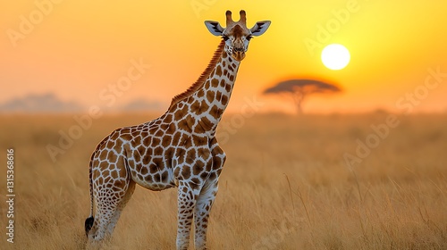 A wide open savannah with golden grasses swaying in the breeze, and a lone acacia tree under a dramatic sunset.
