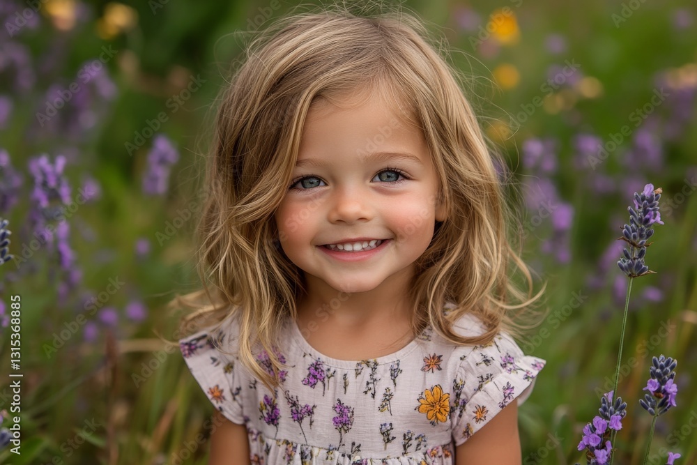 Smiling girl among lavender flowers in a sunny meadow during summer Smiling girl among lavender flowers in a sunny meadow during summer