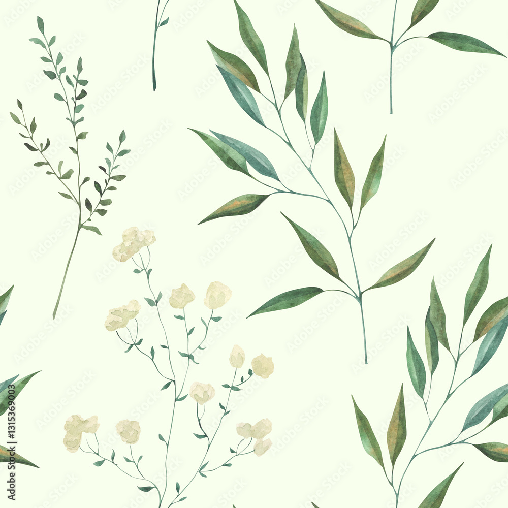 Seamless pattern with watercolor illustrations of various herbs. Seamless texture with hand-drawn green branches. Ideal for wedding, birthday, seasonal holidays. Seamless pattern with watercolor illustrations of various herbs. Seamless texture with hand-drawn green branches. Ideal for wedding, birthday, seasonal holidays.