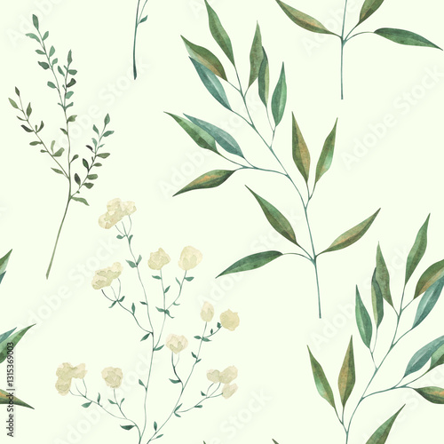 Seamless pattern with watercolor illustrations of various herbs. Seamless texture with hand-drawn green branches. Ideal for wedding, birthday, seasonal holidays.