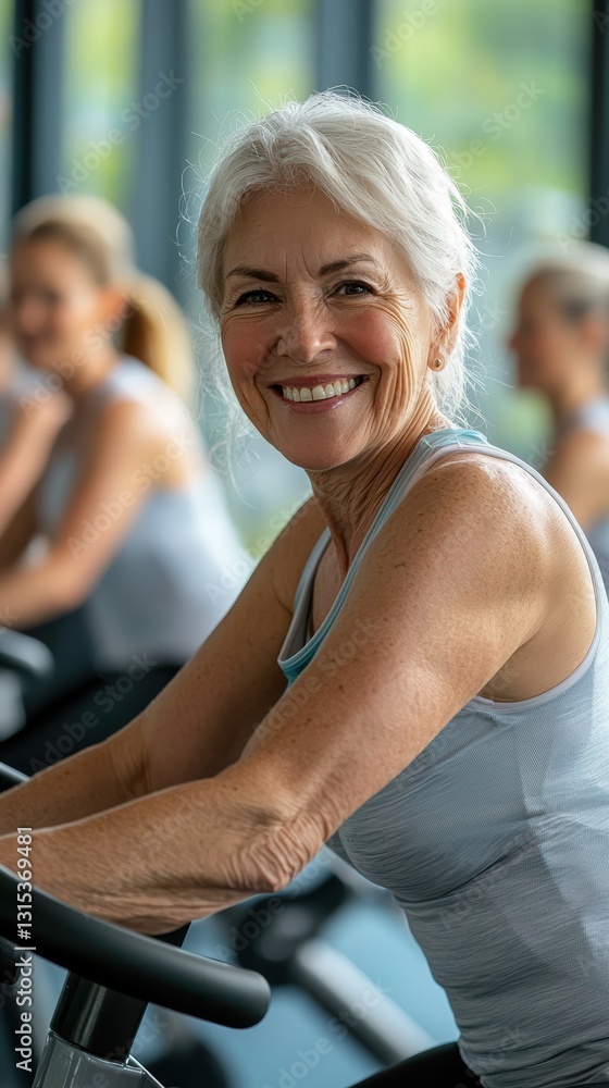 Obraz premium Joyful senior woman thrives in vibrant spinning class environment