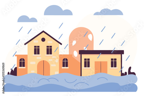 Flooding concept vector illustration, rising water levels, flood damage, climate change impact, urban flooding