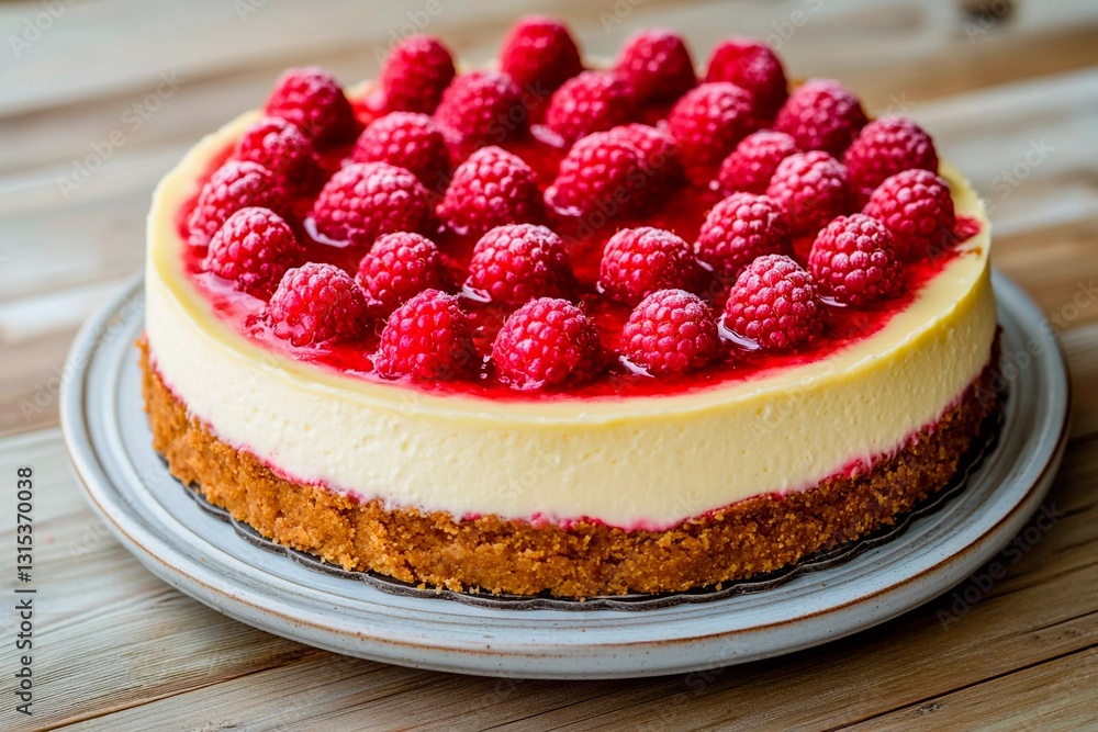 A freshly prepared raspberry cheesecake is displayed on a rustic plate, featuring a smooth filling topped with bright red raspberries and a glossy glaze A freshly prepared raspberry cheesecake is displayed on a rustic plate, featuring a smooth filling topped with bright red raspberries and a glossy glaze