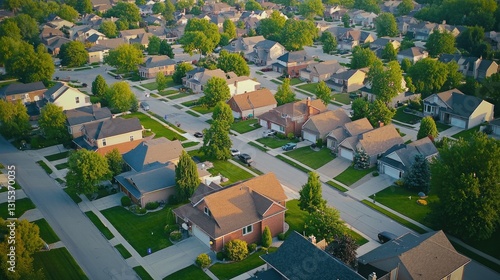Bird's-Eye View of a Vibrant American Suburb in Summer: Residential Neighborhood and Architecture Showcase