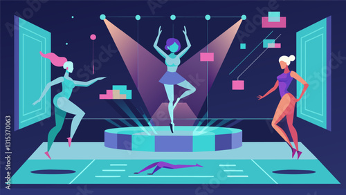 The stage is transformed into a digital world as dancers perform a piece choreographed using realtime motion capture data.. Vector illustration