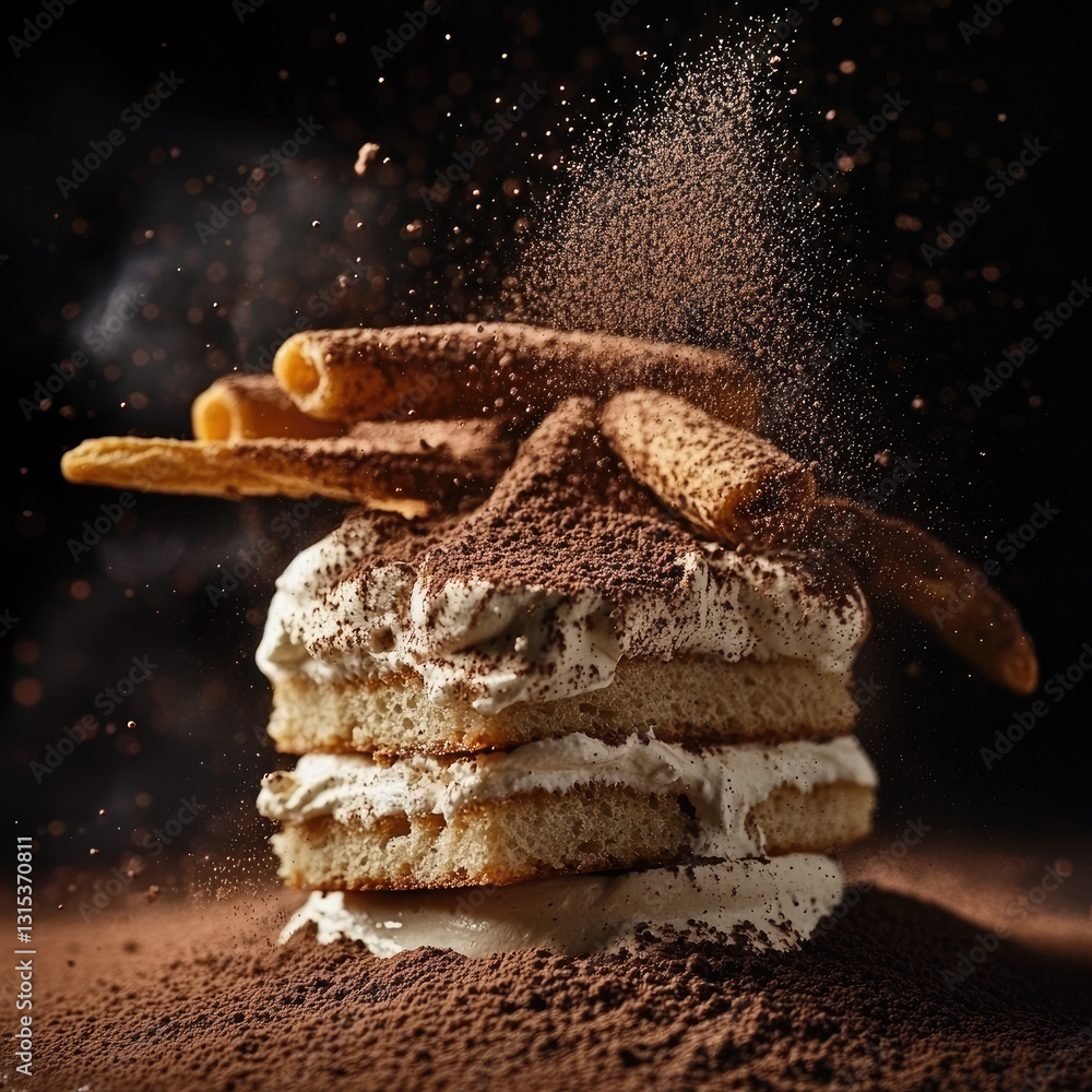 Obraz premium Delicious Tiramisu Dessert Exploding in Cocoa