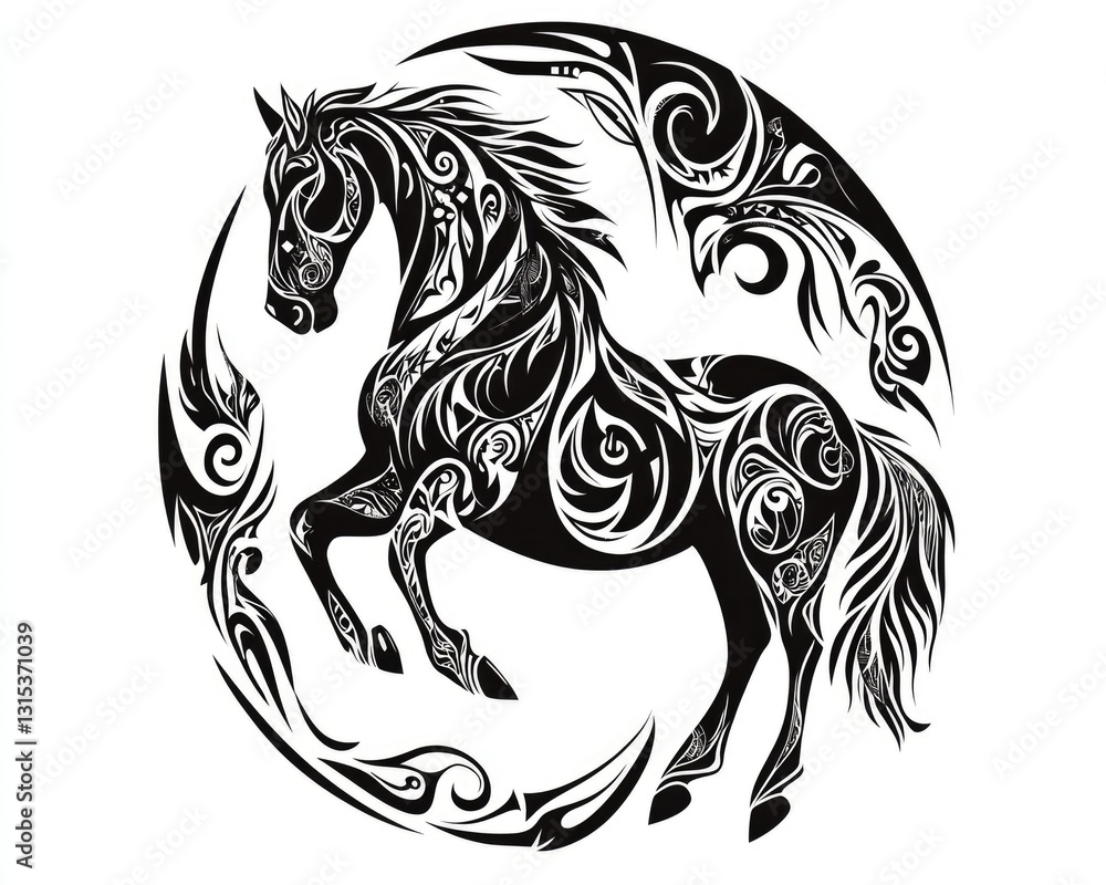 Ancient Tribal Horse Circle: Celestial Artwork Blending Abstract Animal Aesthetics with Beautiful Black Designs Ancient Tribal Horse Circle: Celestial Artwork Blending Abstract Animal Aesthetics with Beautiful Black Designs