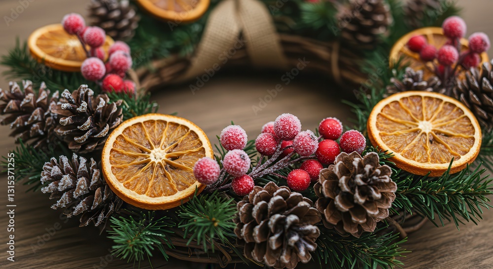 Festive Christmas Wreath with Pine Cones Oranges and Red Berries Decoration Festive Christmas Wreath with Pine Cones Oranges and Red Berries Decoration