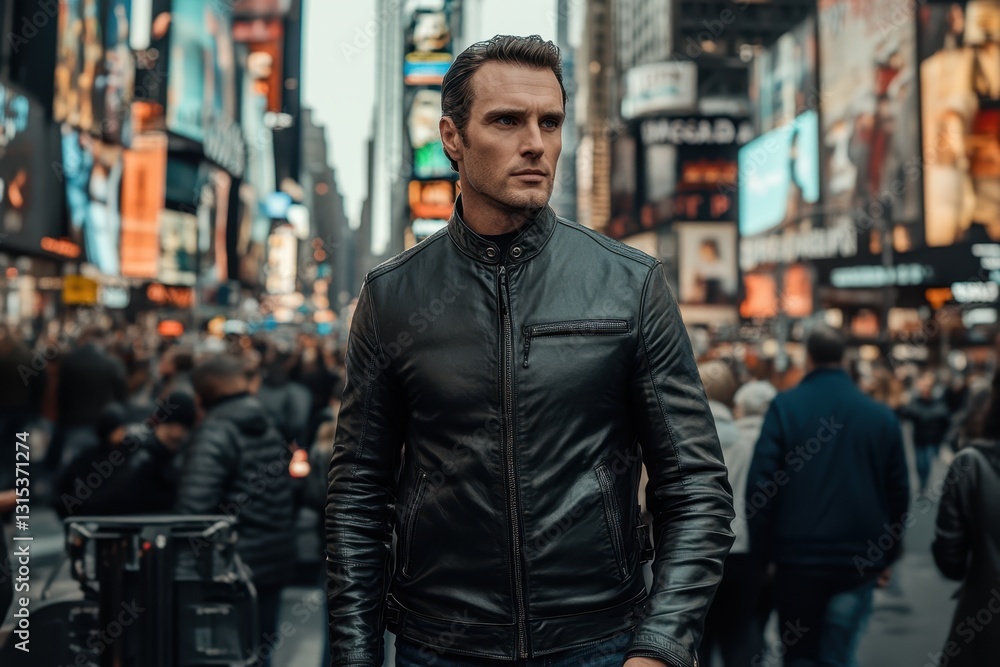 Man in leather jacket stands confidently in crowded Times Square during the evening rush Man in leather jacket stands confidently in crowded Times Square during the evening rush