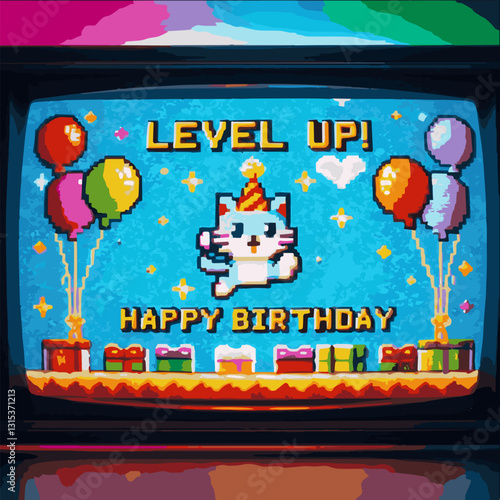 A birthday card in pixel art style with the inscription "Level up!, Happy birthday". Vector graphics. EPS.