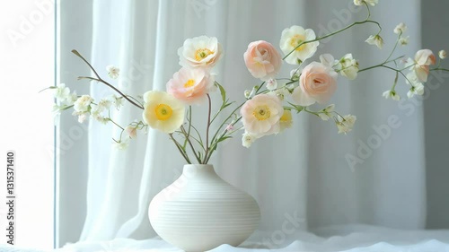Soft pastel pink and yellow spring flowers in a white vase. Cope space. Space for text