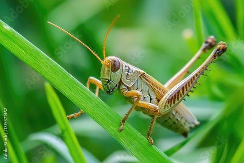Wallpaper Mural Detailed Close-Up of a Grasshopper Camouflaged Among Green Grass with Emphasis on Insect Features Torontodigital.ca