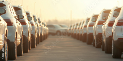 Two symmetrical rows of identical white new SUVs standing on a clean and spacious parking lot. A modern and elegant fleet ready for sale, leasing, or corporate use.