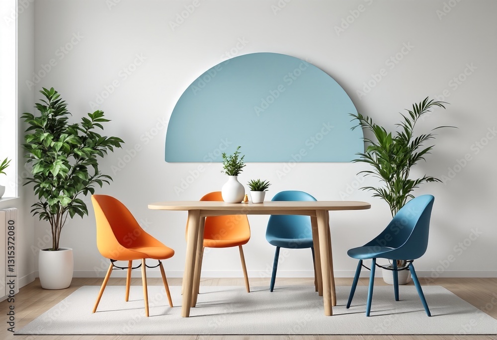 custom made wallpaper toronto digitalA modern dining room with a light-colored wooden table and four mismatched chairs on a white rug.