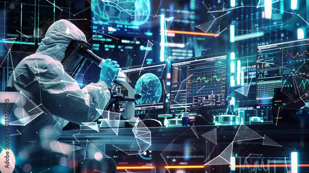 Male laboratory technician in white coat. Modern laboratory equipment in the background. Background with flying patterns. Generated AI. Male laboratory technician in white coat. Modern laboratory equipment in the background. Background with flying patterns. Generated AI.