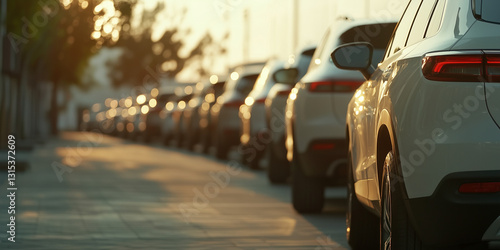 New white SUVs lined up alongside a young tree alley – corporate fleet in a sustainable urban setting.