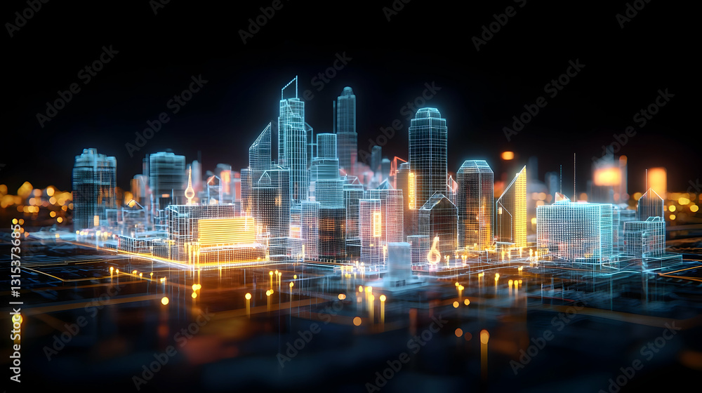 Naklejka premium Futuristic Illuminated Cityscape With Neon Blue And Orange Lights At Night 3D Rendering