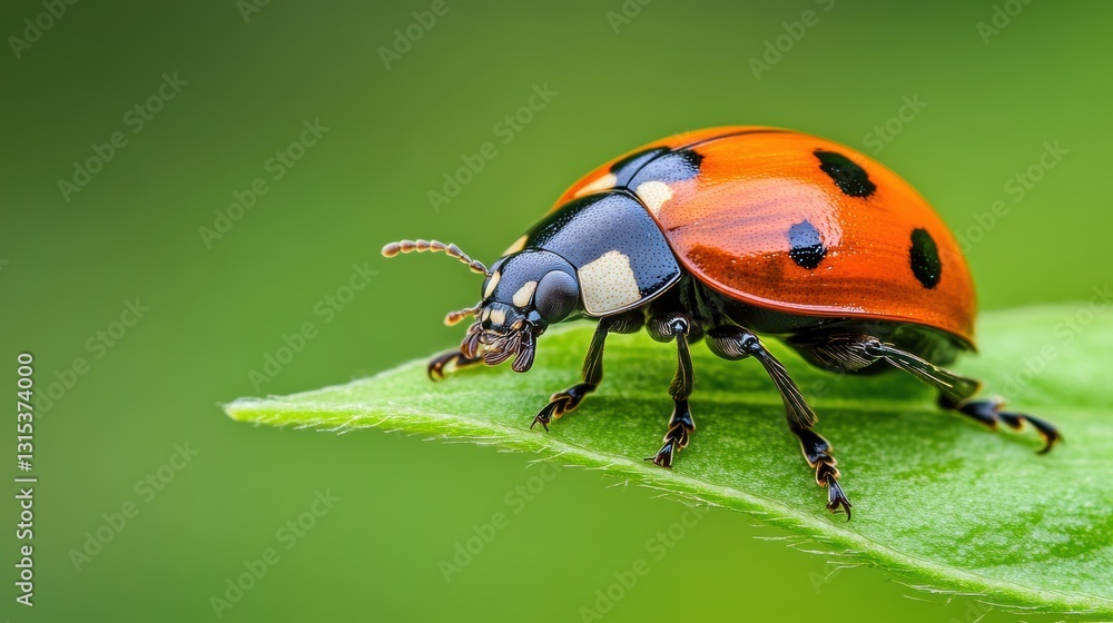 Obraz premium A vibrant close-up of a ladybug perched on a green leaf, showcasing its striking red body with black spots, This image is ideal for nature-related content, educational materials
