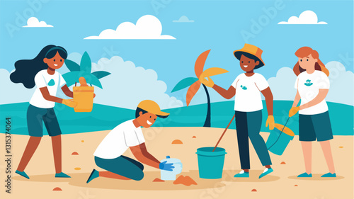 The sound of laughter and chatter filled the air as volunteers shared stories and made new connections while cleaning up the beach.. Vector illustration