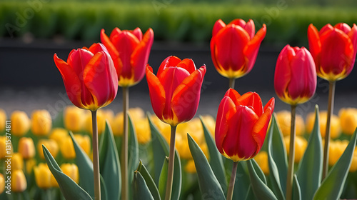 A row of bright red tulips with incompletely opened buds on a blurred background.