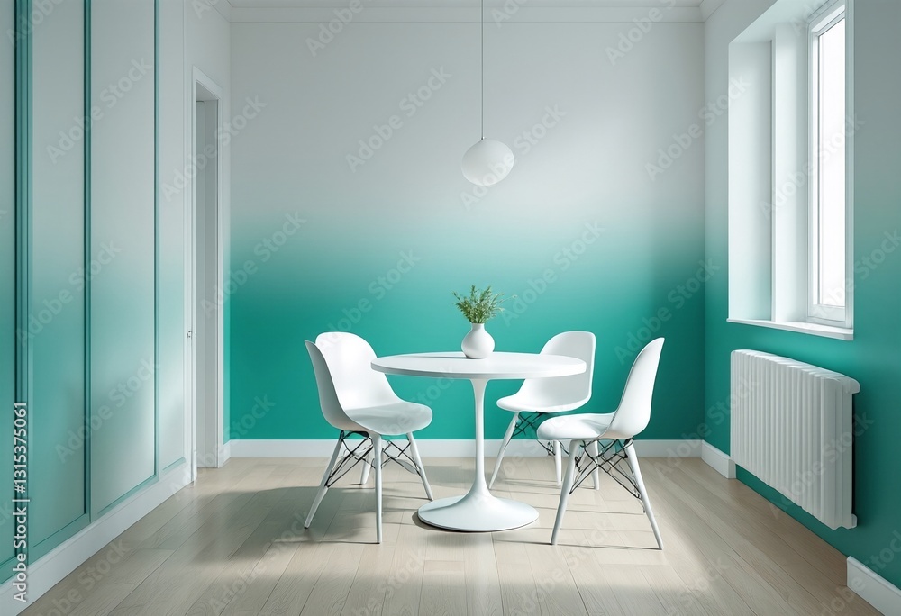 Fototapeta premium A dining room with a round table and white chairs set against a teal wall.