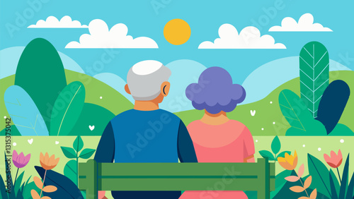 An elderly couple sitting on a bench gazing out at the bustling gardens around them grateful for the sense of community and purpose they have found in their gardening club.. Vector illustration
