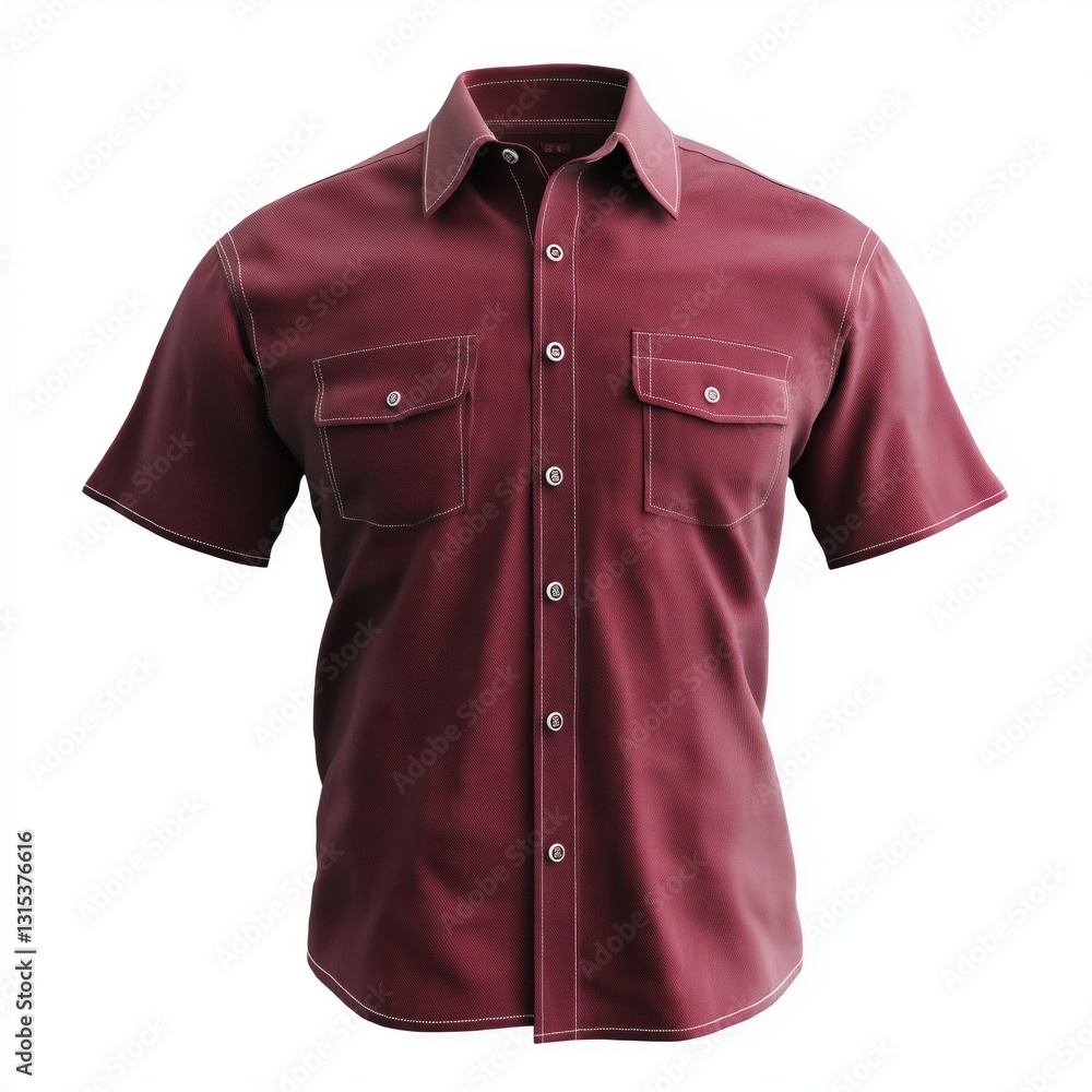 Burgundy, short-sleeved, button-down shirt, with visible texture and detail, and simple, classic button-down collar and chest pockets Burgundy, short-sleeved, button-down shirt, with visible texture and detail, and simple, classic button-down collar and chest pockets