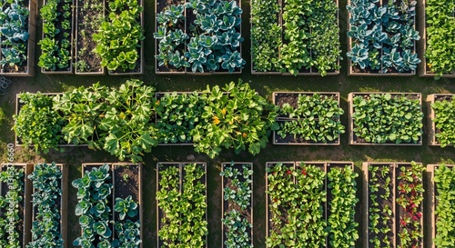Aerial view of lush green vegetable garden beds arranged in neat rows conveying nourishment and abundance showcasing a variety of leafy greens and colorful plants under bright sunlight