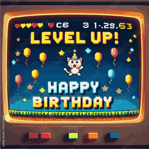 A birthday card in pixel art style with the inscription "Level up!, Happy birthday". Vector graphics. EPS.