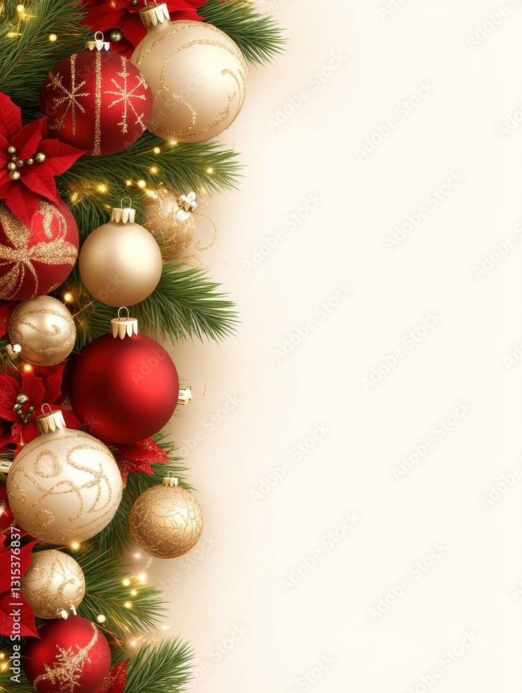 A festive arrangement of Christmas ornaments and poinsettias on a light background, perfect for holiday cards, decoration ideas, or seasonal marketing materials, A festive arrangement of Christmas ornaments and poinsettias on a light background, perfect for holiday cards, decoration ideas, or seasonal marketing materials,