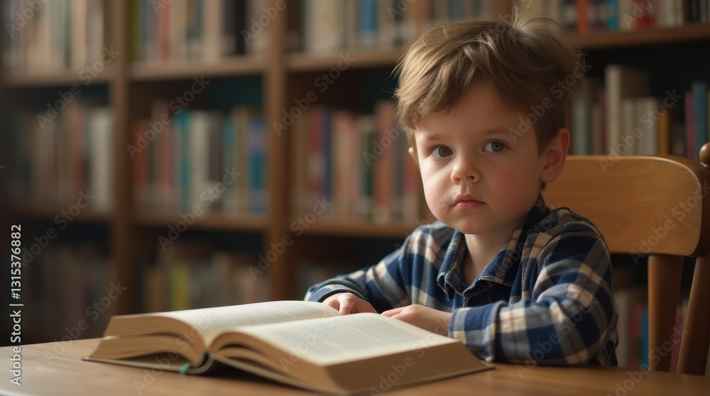 Young boy reading in warmly-lit library Young boy reading in warmly-lit library