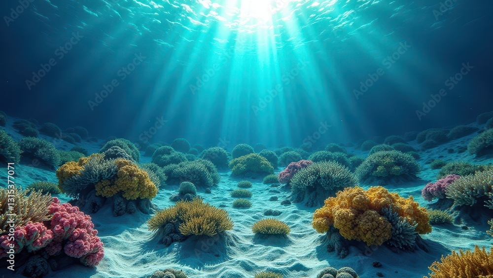Obraz premium Underwater coral landscape with sunlight rays illuminating ocean floor and rocks 