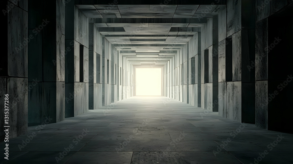 Dimly Lit Concrete Tunnel With Bright Light At End Dimly Lit Concrete Tunnel With Bright Light At End
