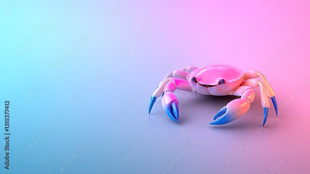 Fototapeta premium Pink and blue crab on gradient background.