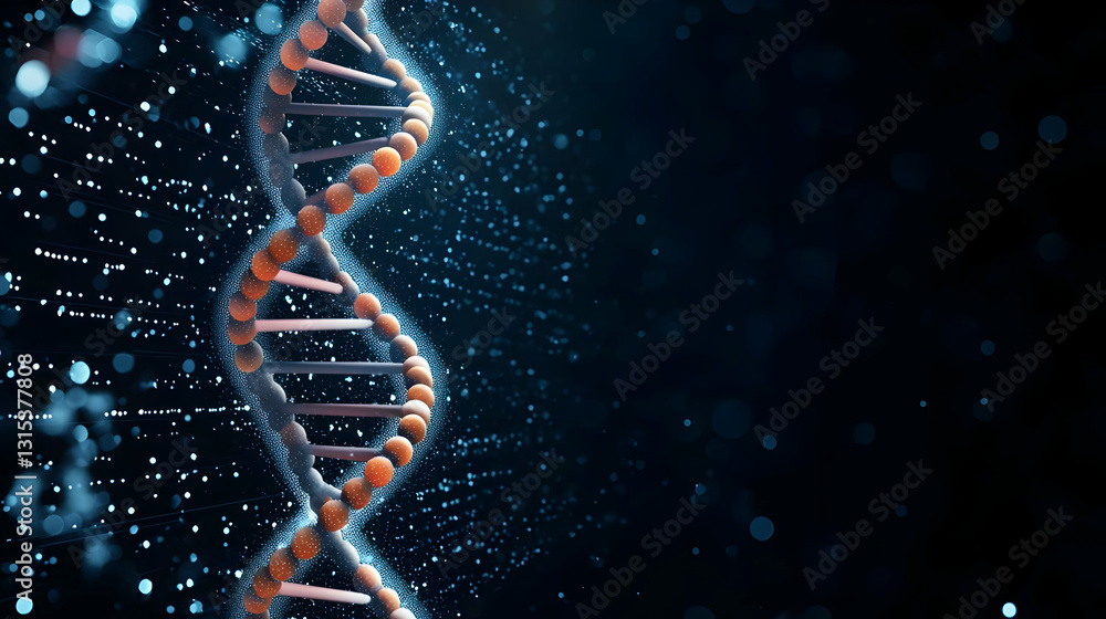 Obraz premium Glowing Orange DNA Double Helix On Dark Blue Particle Background