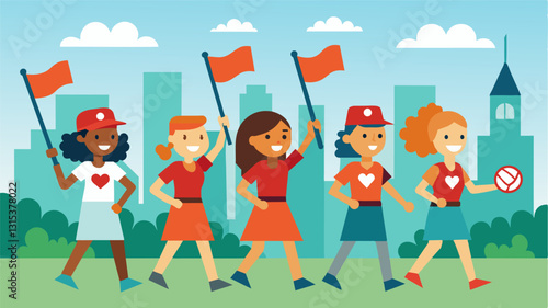 As the community parade passes by the local softball league proudly marches with their team banners representing their love for sports and their town.. Vector illustration