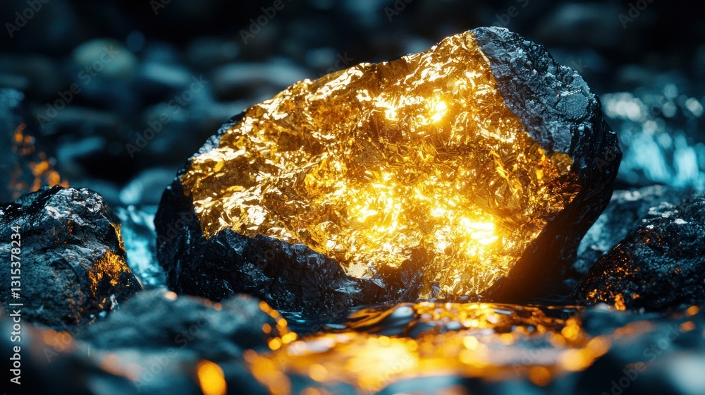 Golden chunk on dark rocks, bright reflection. Rich colors, dark & shiny stone Golden chunk on dark rocks, bright reflection. Rich colors, dark & shiny stone