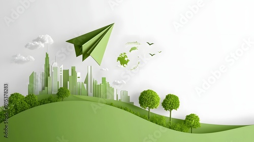 Eco Friendly Innovation Paper Airplane Soaring Over Verdant Earth Symbolizing the Harmonious Coexistence of Nature and Technology for a Brighter Sustainable Future