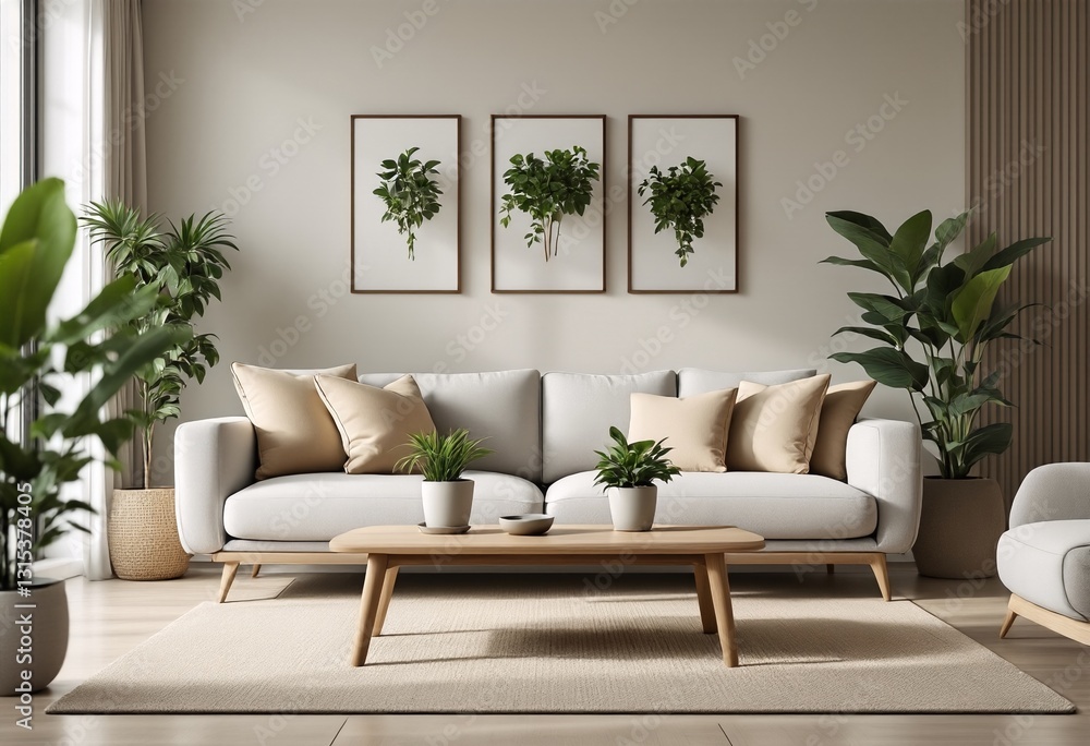 modern living room with plants and framed leaf prints on the wall. modern living room with plants and framed leaf prints on the wall.