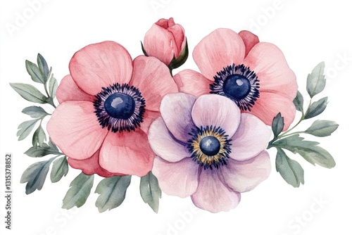 Elegant Watercolor Anemone and Peony Blossom in Soft Pastel Pink on White Background