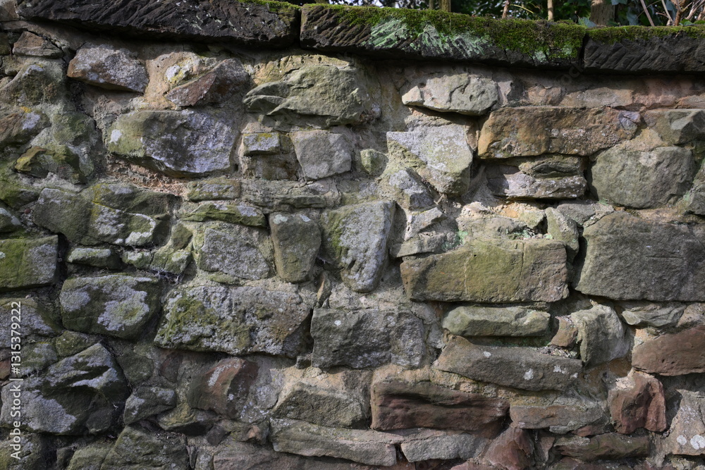 A wall made of stone with moss growing on it A wall made of stone with moss growing on it