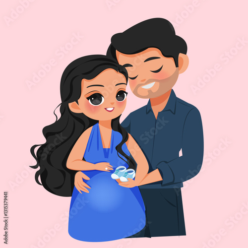 Pregnancy Joy: Parents Displaying Baby Shoes | Vector Illustration