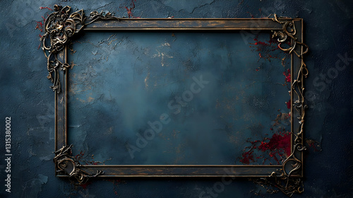 Ornate Antique Gold Frame On Dark Blue Grungy Textured Background With Copy Space For Design Photography Art Mockup