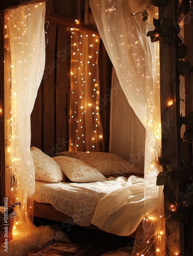 A cozy romantic bed illuminated with warm fairy lights