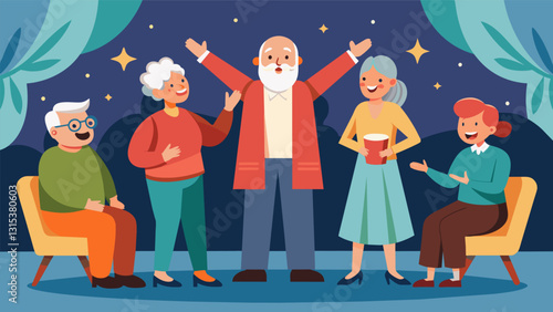 A theater workshop allowing seniors to step out of their comfort zone and express themselves through acting and storytelling.. Vector illustration