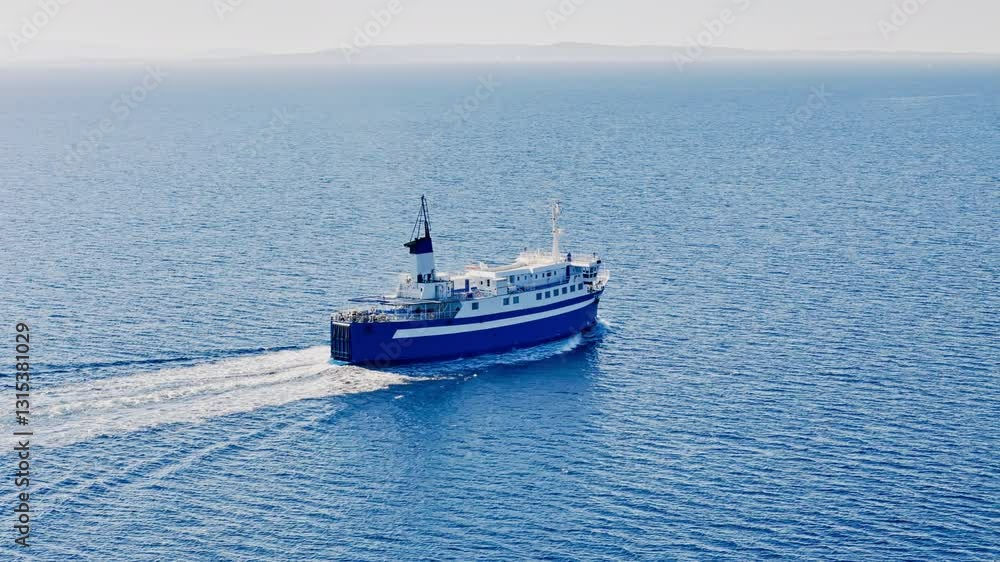 Passenger ferry sailing across the Aegean Sea, connecting remote Greek islands, aerial drone video Passenger ferry sailing across the Aegean Sea, connecting remote Greek islands, aerial drone video