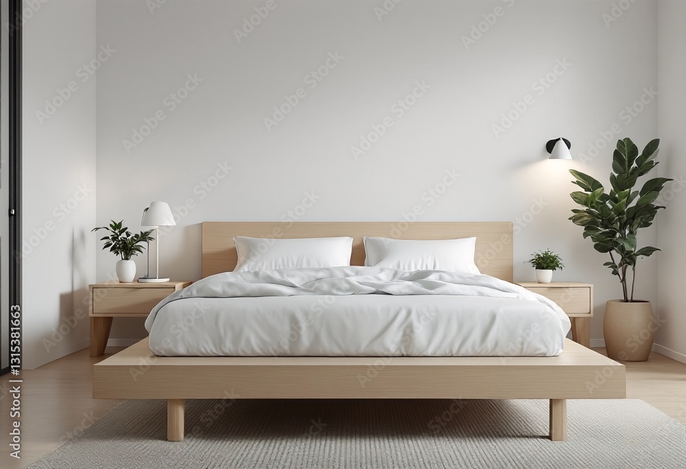 Minimalist White Bedroom with King Size Bed and Wooden Furniture. Minimalist White Bedroom with King Size Bed and Wooden Furniture.