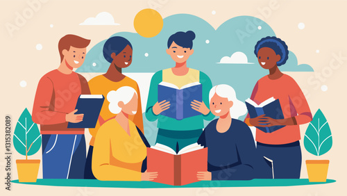 The community recreation center hosts a weekly book club for adults led by volunteers who work with participants to improve their reading comprehension and discuss notable literary. Vector