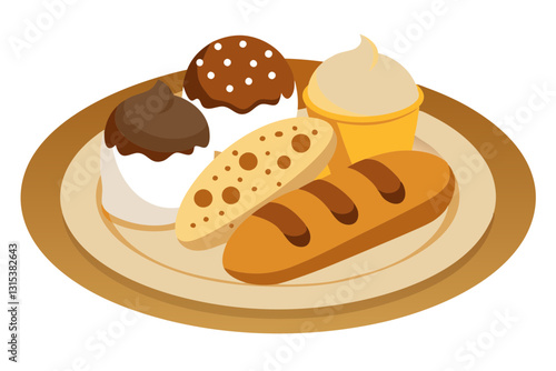 Delicious Italian Dessert Platter with Cannoli, Tiramisu, and Biscotti – Vector Art
