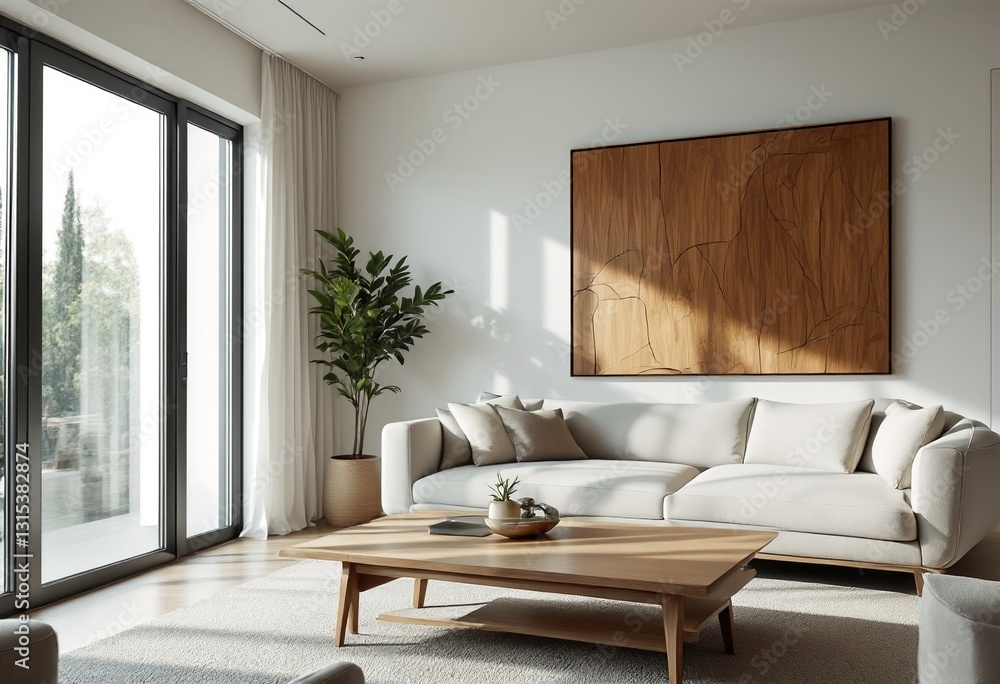 A modern living room with large windows and a minimalist aesthetic. A modern living room with large windows and a minimalist aesthetic.